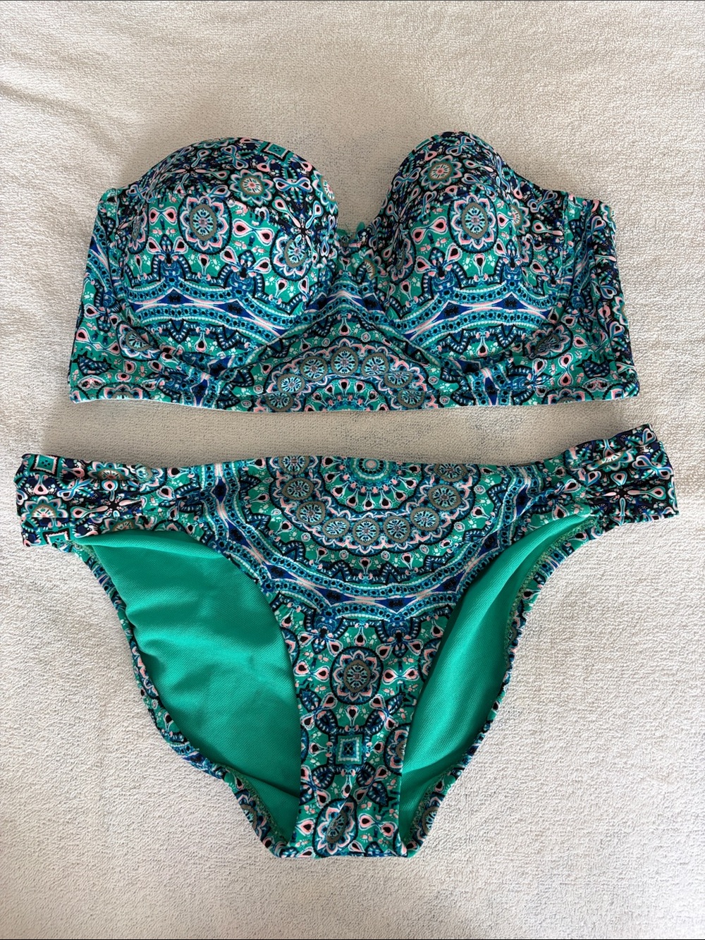 Jessica Simpson Teal and Aqua Patterned Bandeau Bikini Set